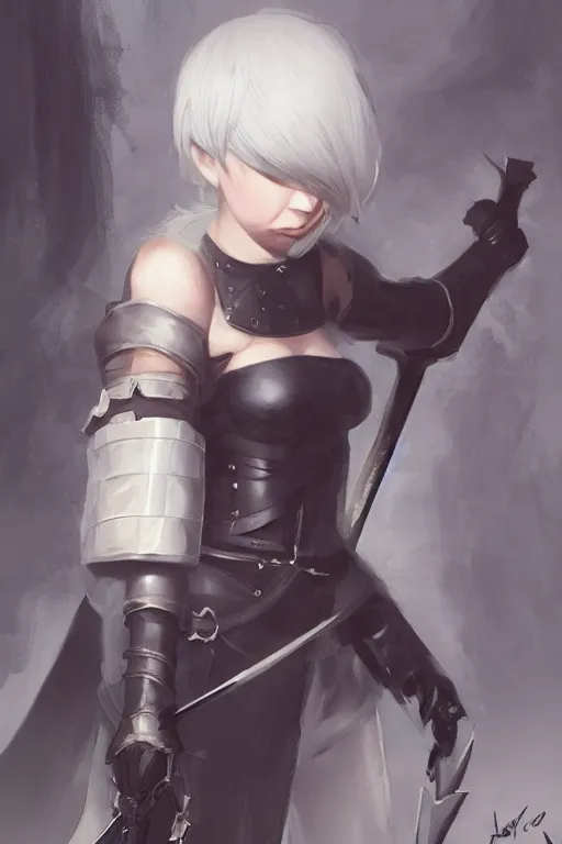 Image similar to 2 b nier automata holding a sword, d & d, fantasy, portrait, highly detailed, headshot, digital painting, trending on artstation, concept art, sharp focus, illustration, art by artgerm and greg rutkowski and magali villeneuve