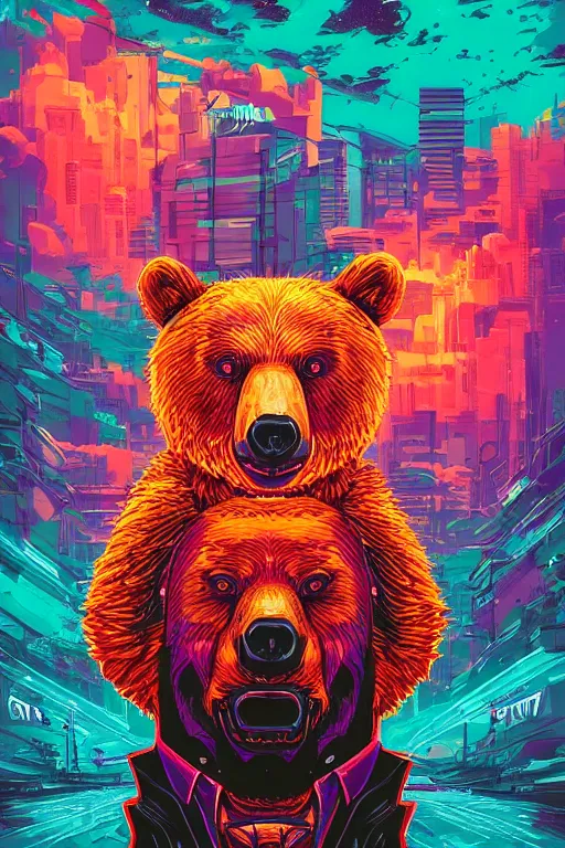 Image similar to a portrait of a bear with thunders in the sky in a future cybernetic city, outrun style and colours, trending on arstation, by dan mumford, by ross tran