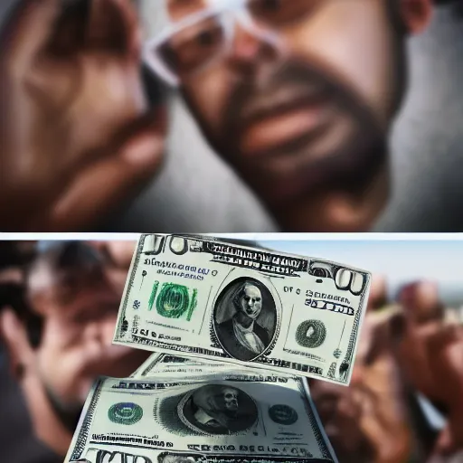 Image similar to rich person flexing their cash to poor people, poor people with no money, person raising money up in front of people, photorealistic + rendered in vrat + hd + trending on artstation + DOF + Reality