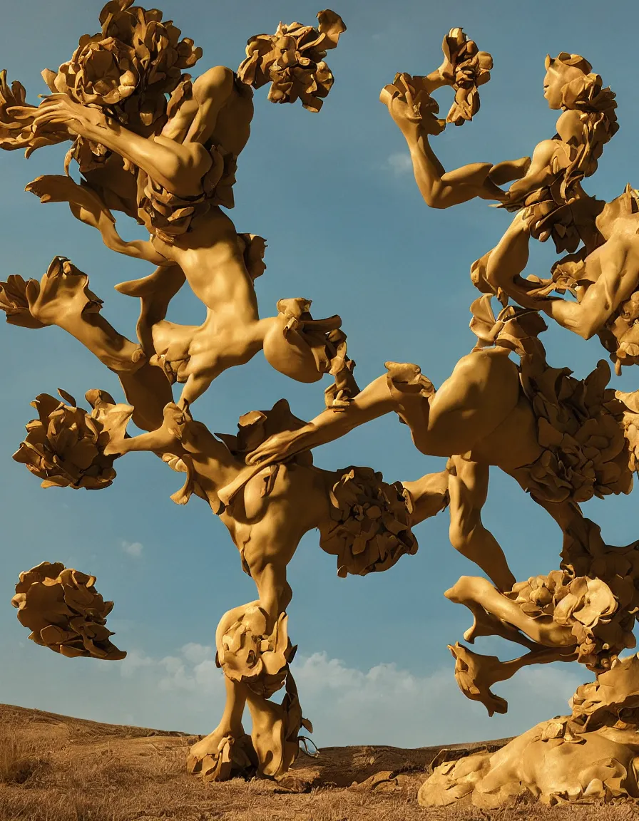 Prompt: a cowboy turning into blooms by slim aarons, by zhang kechun, by lynda benglis, by frank frazetta. tropical sea slugs, angular sharp tractor tires. bold complementary colors. warm soft volumetric light. 8 k, 3 d render in octane unreal engine. a manly cowboy riding petals sculpture by antonio canova. jade green and ochre