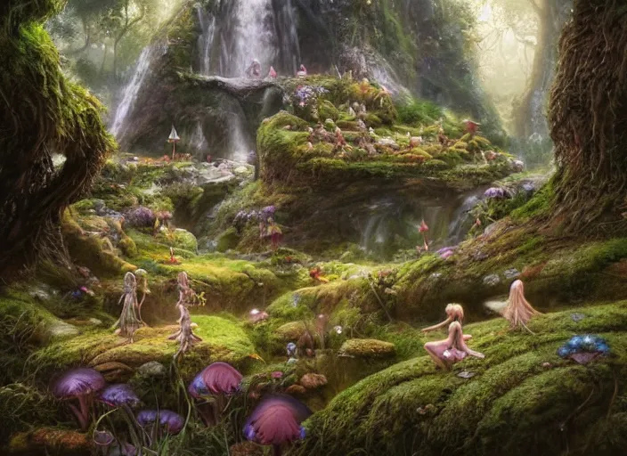 Prompt: fairies in the shire scenery landscape, lord of the rings, waterfalls, mushroom structures, highly detailed, vivid color, perfect lighting, perfect composition, 8 k, brian froud, artgerm, derek zabrocki, greg rutkowski