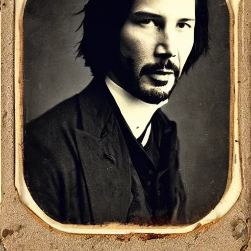 Image similar to daguerreotype of Keanu reeves, old photograph, aged, weathered