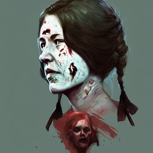 Prompt: portrait of laura ingalls as a zombie with cuts on face, 7 days to die zombie, fine art, award winning, intricate, elegant, sharp focus, cinematic lighting, highly detailed, digital painting, 8 k concept art, art by guweiz and z. w. gu, masterpiece, trending on artstation, 8 k