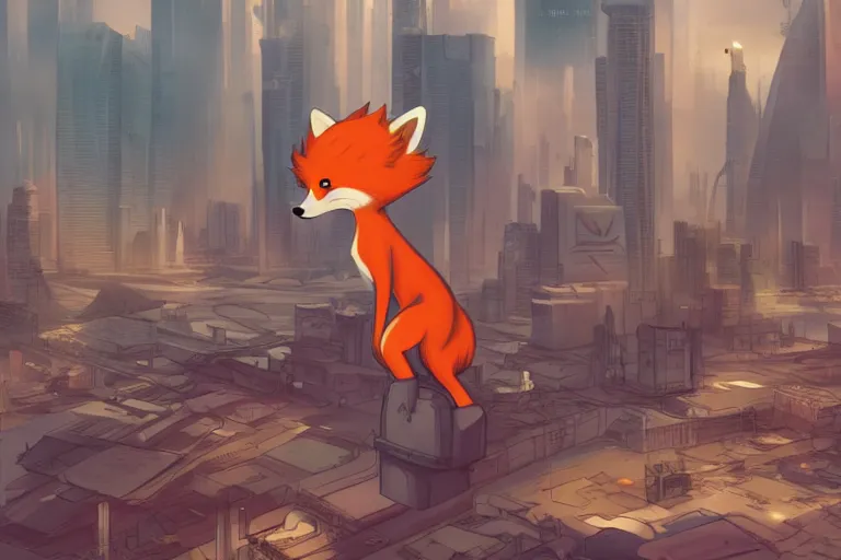 Image similar to an anthropomorphic fox with a fluffy tail staring over a futuristic city from the top of a roof, comic art, trending on furaffinity, cyberpunk, backlighting, cartoon