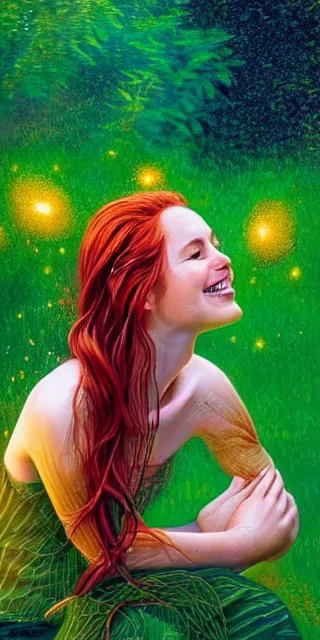 Prompt: infp young woman, smiling amazed, golden fireflies lights, sitting in the midst of nature fully covered, long loose red hair, intricate linework, bright green eyes, small nose with freckles, oval shape face, realistic, expressive emotions, dramatic lights spiritual scene, hyper realistic ultrafine art by michael cheval, jessica rossier, boris vallejo