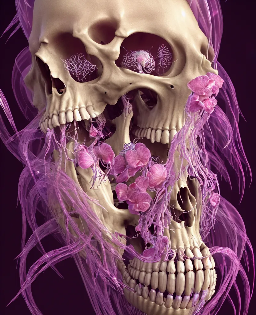 Image similar to goddess close - up portrait human skeleton, ram skull, jellyfish, orchid, betta fish, bioluminiscent, intricate artwork by tooth wu and wlop and beeple. octane render, trending on artstation, greg rutkowski very coherent symmetrical artwork. cinematic, hyper realism, high detail, octane render, 8 k