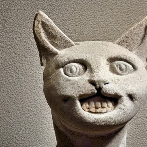 Image similar to close - up museum photo of an ancient limestone clay statue of a cute cat, with letter ה!!! on its head, clay, hebrew, israel, studio lighting, professional, promo,