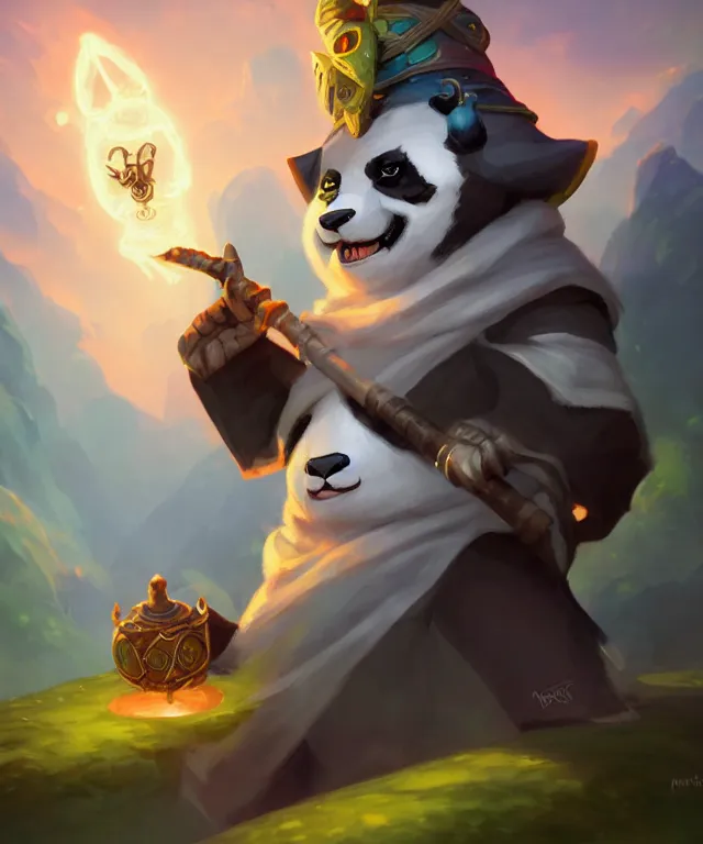 Image similar to a portrait an anthropomorphic panda mage casting a spell, wearing mage robes, landscape in background, cute, dnd character art portrait, world of warcraft style, by peter mohrbacher, cinematic lighting