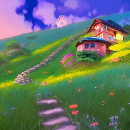 Image similar to beautiful 3 d painting of a colourful house on a hilltop at midnight with small fireflies flying around, in the style of studio ghibli, artstation, unreal engine