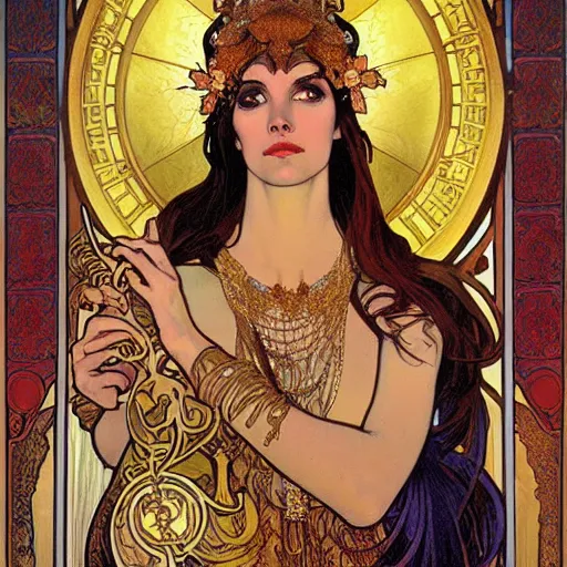 Prompt: realistic dramatic detailed face portrait of Salome by Alphonse Mucha, Greg Hildebrandt, and Mark Brooks, gilded details, spirals, Neo-Gothic, gothic, Art Nouveau, ornate medieval religious icon