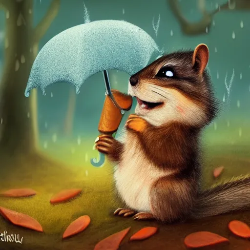 Prompt: an adorable chipmunk holding an umbrella in the rain in a cozy forest setting, fantasy art, digital art, illustration, 8k