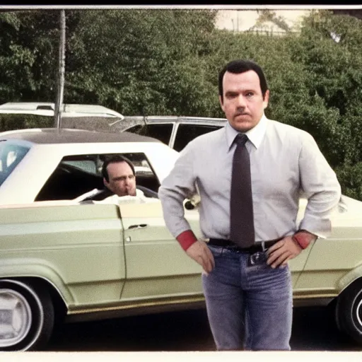 Prompt: a deteriorating color photo from 1 9 7 2 of a persistent used car salesman that looks like a cross between bill burr and fred savage with his hand on a junker car