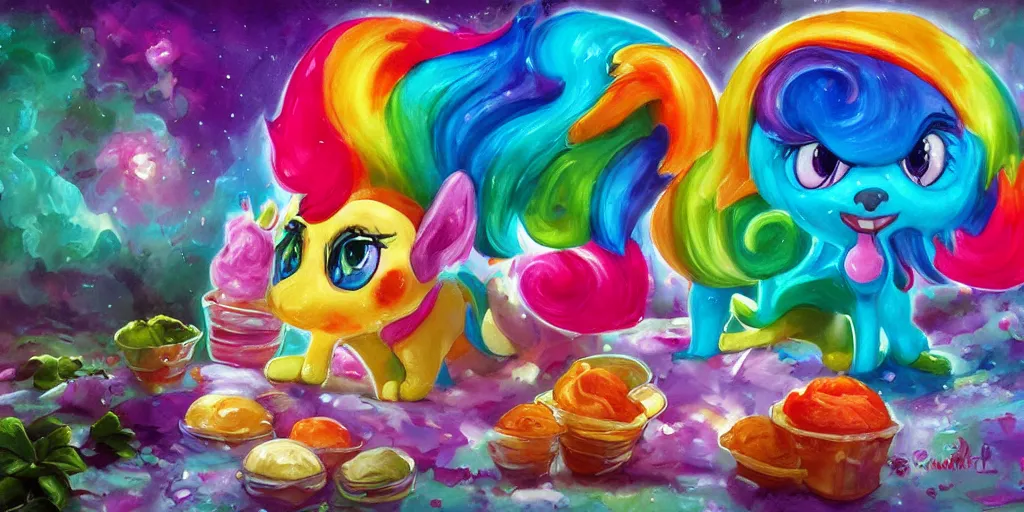 Prompt: rainbow sorbet made in the shape of 3 d littlest pet shop mythical manticore, realistic, melting, soft painting, desserts, ice cream, glitter, forest, aurora, master painter and art style of noel coypel, art of emile eisman - semenowsky, art of edouard bisson