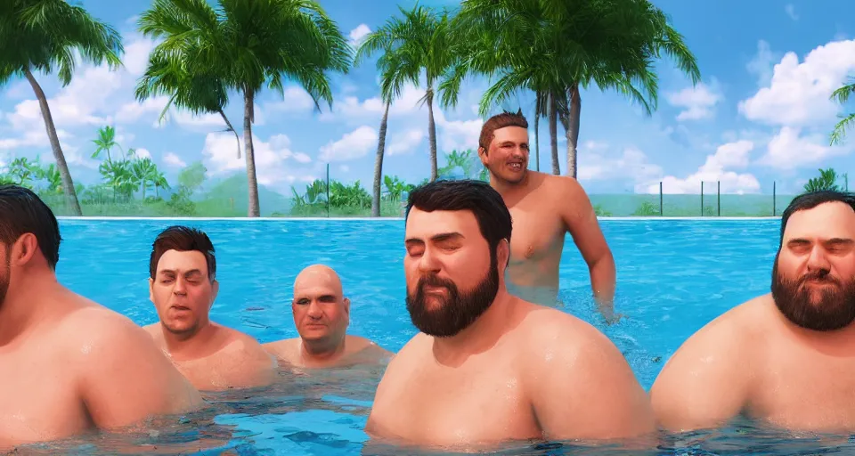 Image similar to digital art painting of exactly three adult brothers and their slightly overweight older father in a swimming pool , unreal 5, DAZ, hyperrealistic, octane render, volumetric clouds dynamic lighting