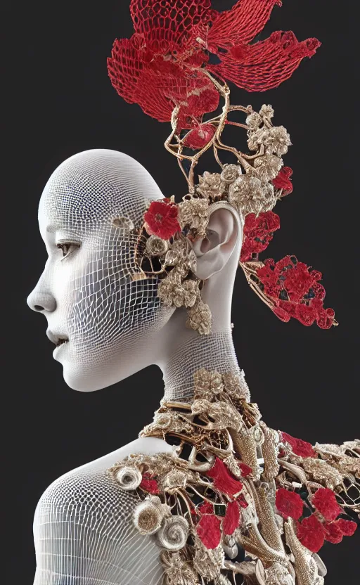 Image similar to complex 3d render ultra detailed of a beautiful porcelain profile woman face, mechanical cyborg, 150 mm, beautiful 3 point lighting, rim light, silver gold red details, luxurious magnolia with leaves and stems, roots, Alexander Mcqueen haute couture, fine foliage lace, mesh wire, filigran intricate details, hyperrealistic, mandelbrot fractal, anatomical, robotic parts, facial muscles, cable electric wires, microchip, elegant, octane render, 8k post-processing