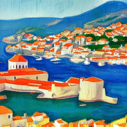 Image similar to a painting of dubrovnik in the style of gaugin