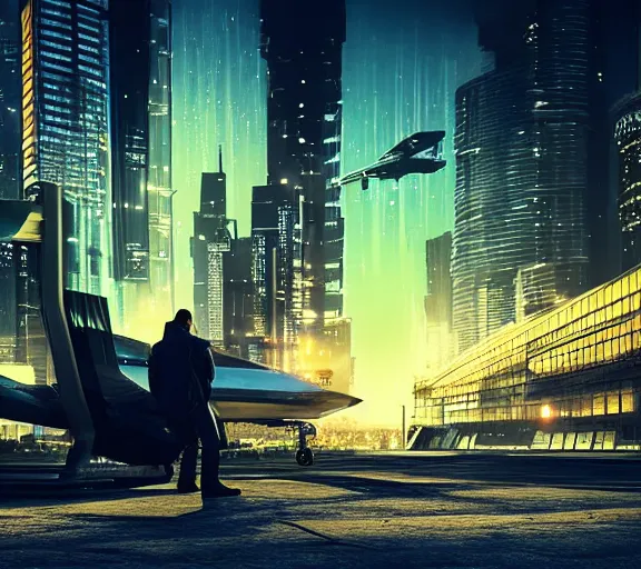 Image similar to man waits for futuristic sci fi jet landed at runway of cyberpunk city, night photo ,dark cinematic lighting , digital concept art