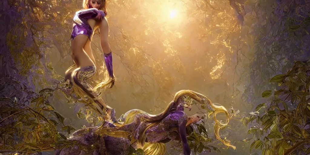 Prompt: wide angle, opulescent purple panther, metallic silver and ice color reflected crystal hair, leaping from babaob tree, fantasy, intricate, very beautiful, elegant, golden light, highly detailed, digital painting, artstation, concept art, smooth, sharp focus, unreal engine, art by wlop and tian zi and alphonse mucha