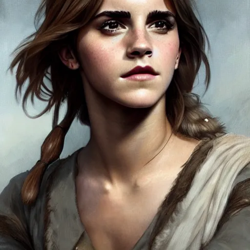 Image similar to emma watson portrait of a rugged ranger, muscular, upper body, hairy torso, D&D, fantasy, intricate, elegant, highly detailed, digital painting, artstation, concept art, matte, sharp focus, illustration, art by Artgerm and Greg Rutkowski and Alphonse Mucha