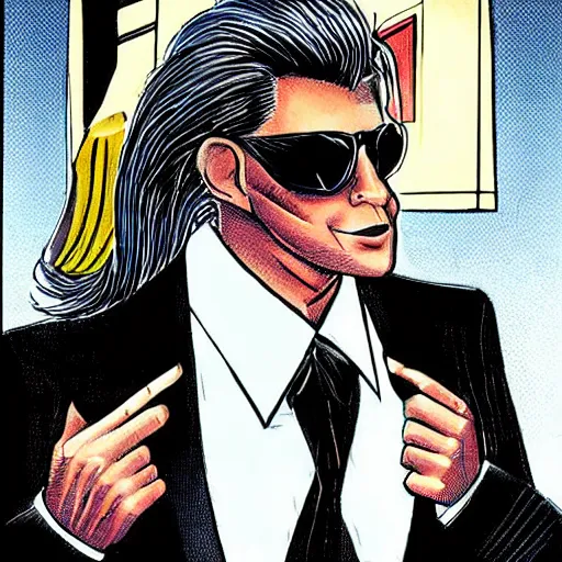 Prompt: a 1 9 8 0 s businessman, wearing a pinstripe suit, hair in slick low ponytail, sunglasses. secret vampire. character art by steve prescott.