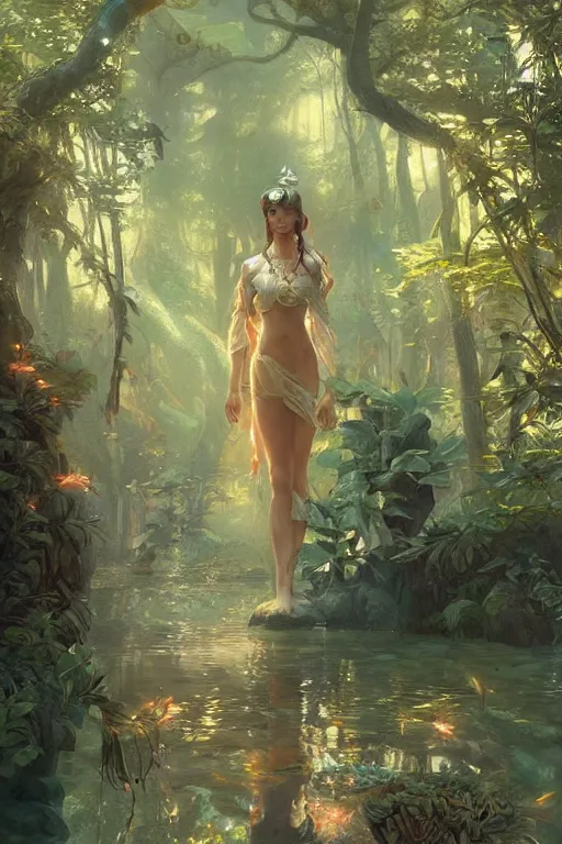 Image similar to an enchanted forest pool, highly detailed, digital painting, artstation, concept art, sharp focus, illustration, art by artgerm and greg rutkowski and alphonse mucha