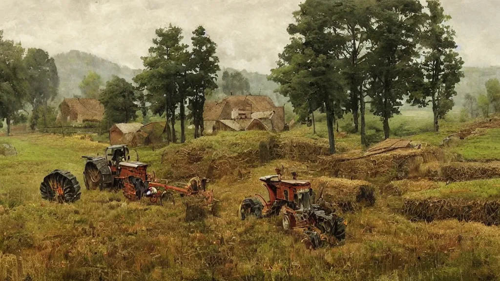 Prompt: 1920's farming village in the countryside bordering a forest with bipedal combine harvesters assisting the farmers, painted by Jakub Rozalski
