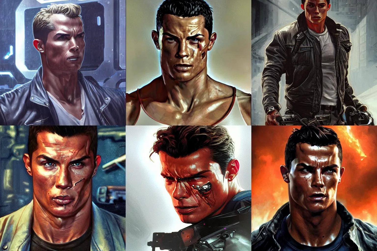 Image similar to The character of the Terminator film Cristiano Ronaldo, a highly detailed character in digital fantasy, painted portrait, artstation, concept art, hard focus, illustrations, works by Artgerm and Greg Rutkowski, Alphonse Mucha and Craig Mullins, James Jean, Andrey Ryabovichev, Mark Simonetti and Peter Morbacher, 16 thousand