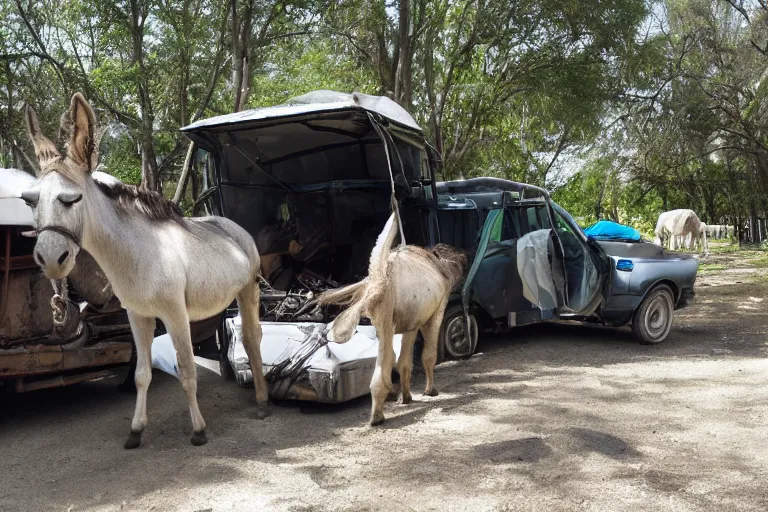 Image similar to automobile driver compartment towed by donkey, scavenger world, medium shot photograph