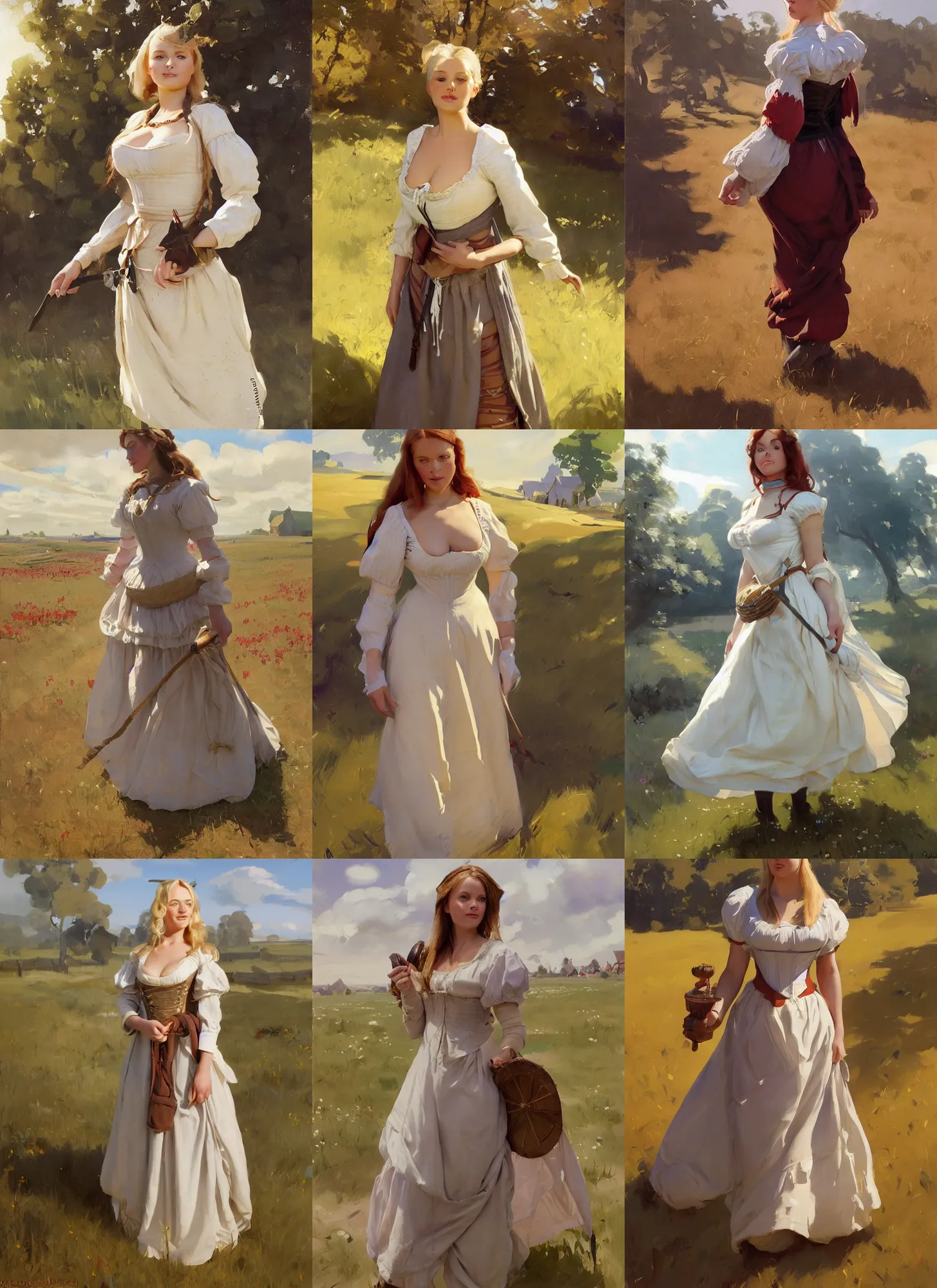 Prompt: finnish norwegian swedish scandinavian attractive glamour model as a village maiden wearing 1 7 th century bodice with low neckline walking in the field in a sunny day, jodhpurs greg manchess painting by sargent and leyendecker, studio ghibli fantasy medium shot asymmetrical intricate elegant matte painting illustration hearthstone, by greg rutkowski by greg tocchini by james gilleard