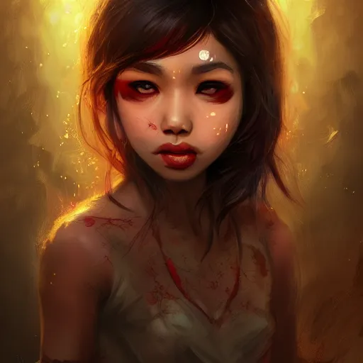 Image similar to a brown skinned asian vampire girl, child, freckles, evil, fangs, messy hair, embers intricate and very beautiful and elegant, highly detailed, digital painting, artstation, concept art, smooth and sharp focus, cg by tian zi