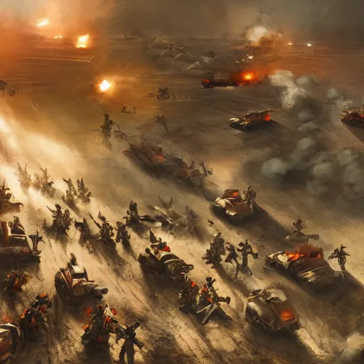 Image similar to bloody war scene, explosions, soldiers running, fog, sun beams, big machines dieselpunk style, no text, painting style