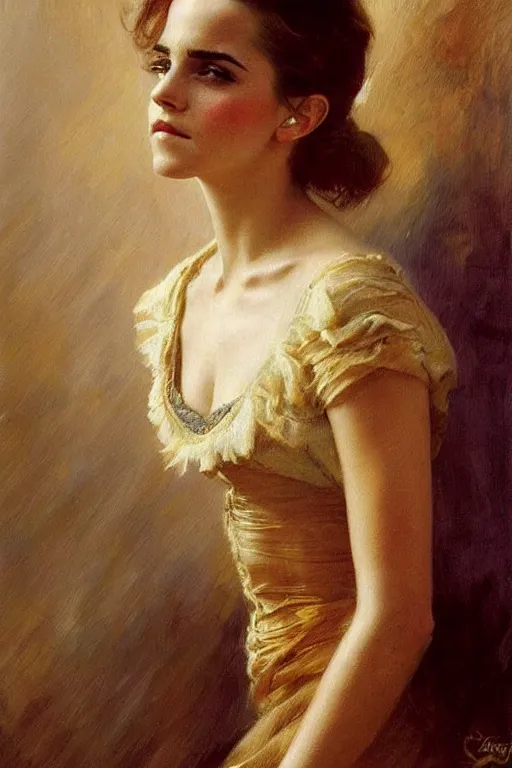 Prompt: detailed portrait of a beautiful emma watson 1 9 9 0 s hairstyle muscular, painting by gaston bussiere, craig mullins, j. c. leyendecker