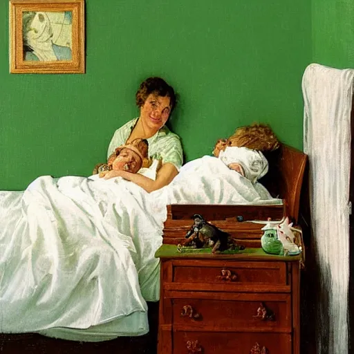 Prompt: two women sleeping in a white bed with green bedsheets in a room with light green walls, two women try to sleep while an anxious chihuahua floats above them, detailed oil painting, in the style of Norman Rockwell