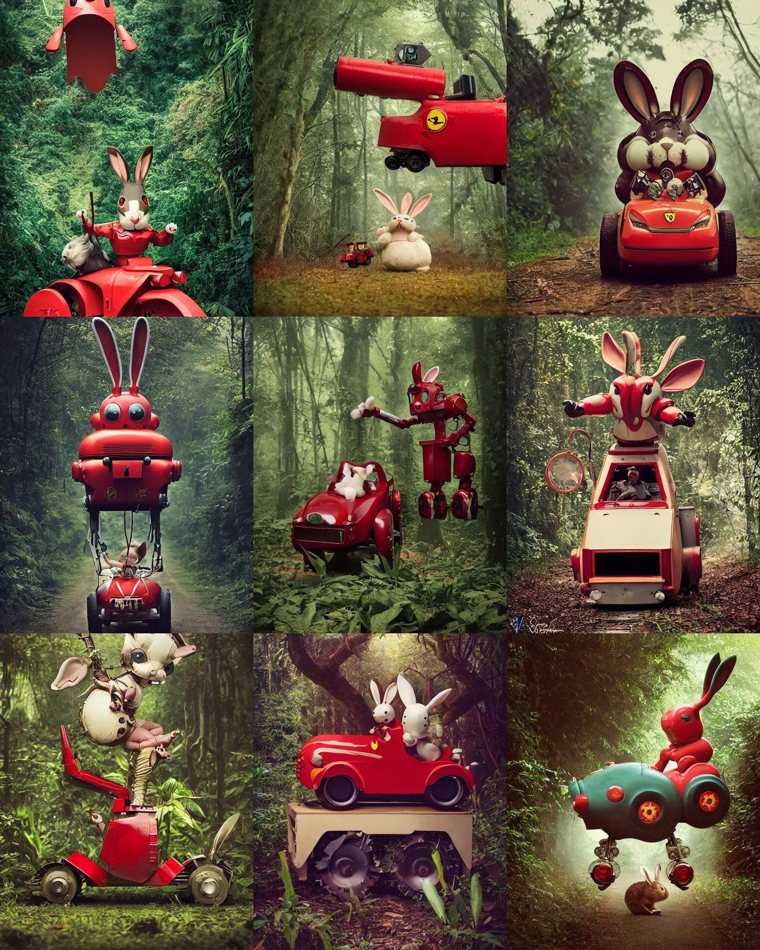 Prompt: attack pose !! giant oversized battle rabbit robot chubby mech baby as ferrari red muscular train with big ears and rabbit , on a jungle forest , full body , Cinematic focus, Polaroid photo, vintage , neutral dull colors, soft lights, foggy ,random weather, by oleg oprisco , by victor enrich