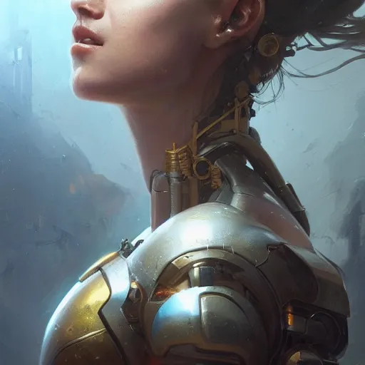 Image similar to a beautiful portrait of a cyborg goddess, a detailed painting by greg rutkowski and raymond swanland, featured on cgsociety, fantasy art, detailed painting, artstation hd, photorealistic