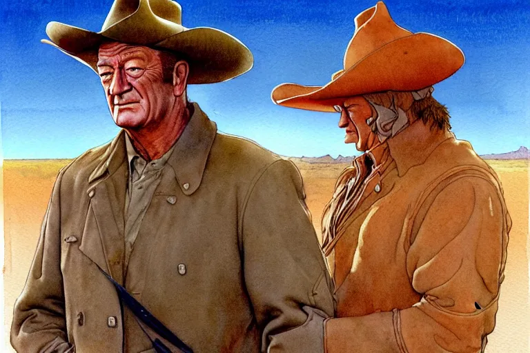 Prompt: a hyperrealist watercolour character concept art portrait of john wayne and a small white dog. there is a horse. arizona desert. there is a villain in the background. by rebecca guay, michael kaluta, charles vess and jean moebius giraud
