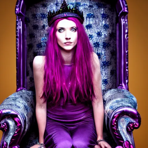 Image similar to A 4k photo skinny woman with purple hair wearing a crown, sitting in a red throne in a dark room.