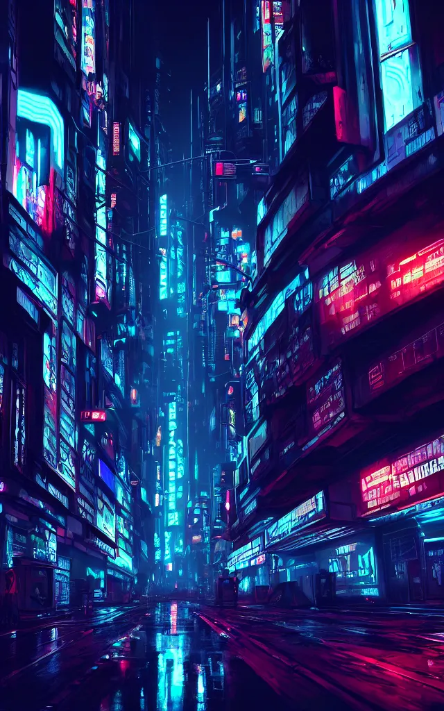 Image similar to concept art of a magnificent dark neon futuristic cyberpunk city bustling street at night cyberart in the style of liam wong in the film akira rendered in octane, 3 d render, trending on cgsociety, blender 3 d, displacement mapped, sharp focus