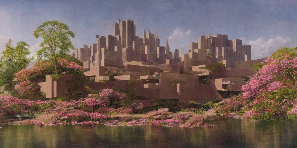 Prompt: establishing matte painting of a utopian city designed by frank lloyd wright in spring, flowers, trees, lake