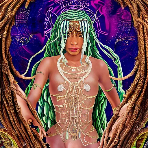 Image similar to intricate details, hyper detailed, mystic alchemical occult art, african lilith, sumerian goddess inanna ishtar, ashteroth, techno mystic goddess princess intergalactica, with aqua neon rapunzel dreadlocks, detailed, wearing seashell attire, crystal pathway to atlantis floating on the sea, by sandro botticelli