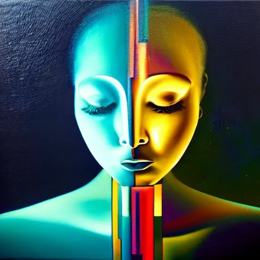 Image similar to A humanoid A.I. listens to a stream of music, converting it into a mesmerizing music video - contest-winning artwork. Stunning lighting, oil on canvas