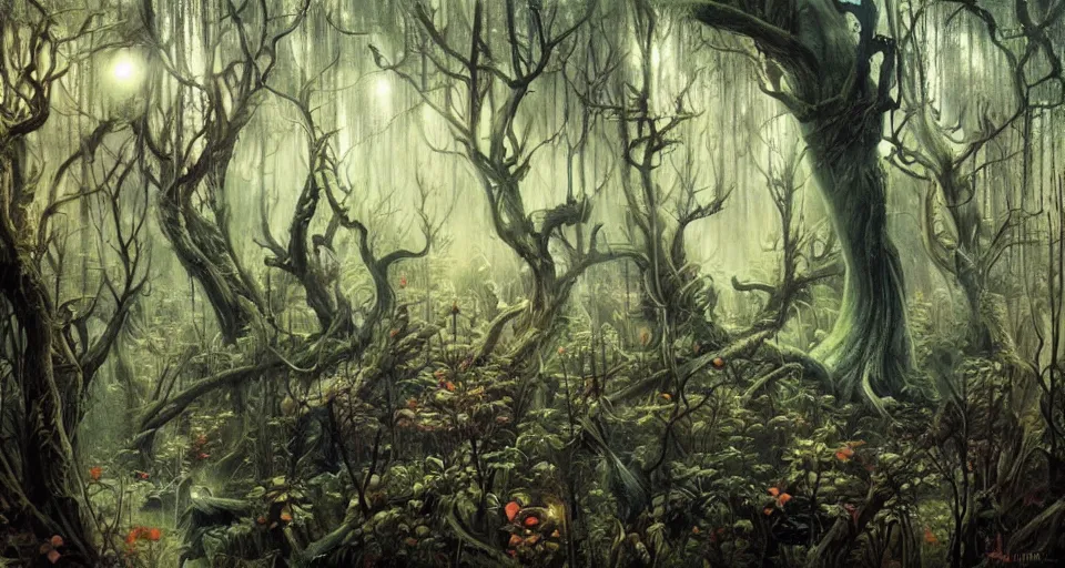 Prompt: A dense and dark enchanted forest with a swamp, by Karol Bak, by Gainax Co,