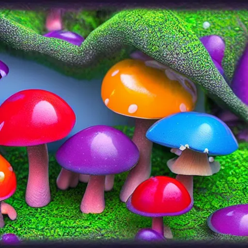Image similar to a magical forest of brightly colored mushrooms and forest creatures dancing in the rain, fantasy landscape, 4 k, 3 d
