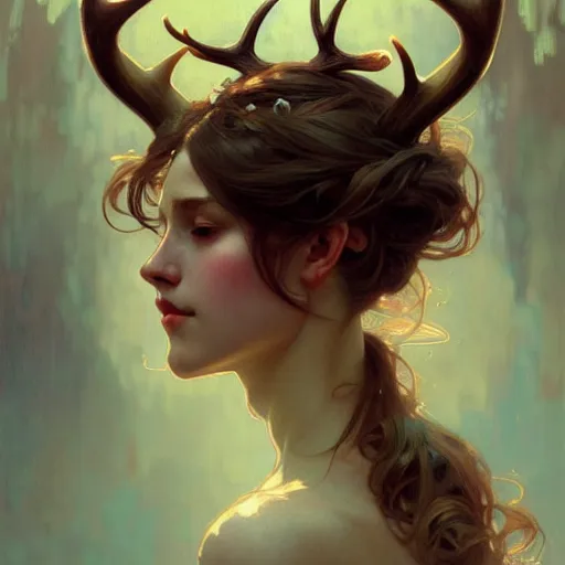 Image similar to A portrait of a girl with large antlers, face, fantasy, intricate, elegant, highly detailed, digital painting, artstation, concept art, smooth, sharp focus, illustration, art by Krenz Cushart and Artem Demura and alphonse mucha