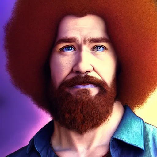 Image similar to a portrait of a Bob Ross , fantasy, David production, anime, HDR, natural light, shoulder level shot, dynamic pose, award winning photograph, Mucha style 4k,