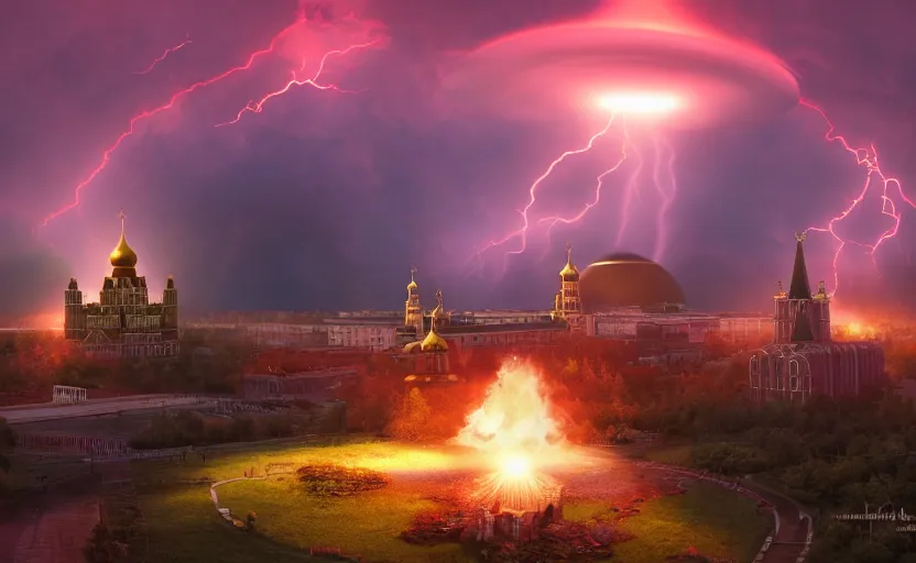 Image similar to ultra realistic picture of a big nuclear explosion with realistic nuclear mushroom in Red Square Kremlin, volumetric lighting, clouds and lightnings, cinematic, extremely high detail, photo realistic, cinematic lighting, post processed, artstation, matte painting, unreal engine 5, 8k