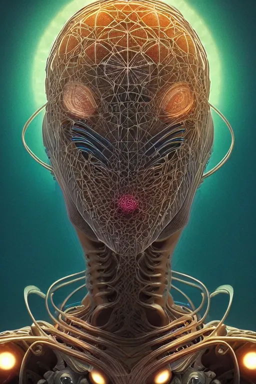 Image similar to a centered render of an alien bio - organic creature adorned with cables and synthesizer parts is surrounded by sacred geometry, full body, gorgeous face, perfect face, powerful, cinematic, beautifully lit, by artgerm, by karol bak, 3 d, trending on artstation, octane render, 8 k