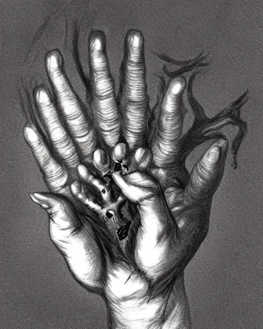 Prompt: photo of an open human hand with five fingers, in the palm a creepy old human face with eyes and a mouth, vampire hunter d, countenanced carbuncle