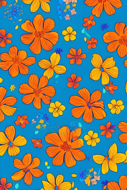 Image similar to detailed Vector illustration of tropical flowers with multiple cohesive colors ranging from warms blues to bright oranges, ((dark blue background)), 4K resolution