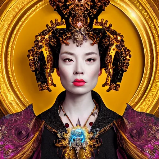 Image similar to a beautiful empress portrait, with a brilliant, impossible striking big cosmic galaxy headpiece, clothes entirely made out of cosmos chaos energy, symmetrical, dramatic studio lighting, rococo, baroque, jewels, asian, hyperrealism, closeup, D&D, fantasy, intricate, elegant, highly detailed, digital painting, artstation, octane render, 8k, concept art, matte, sharp focus, illustration, art by Artgerm and Greg Rutkowski and Alphonse Mucha